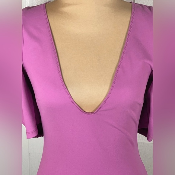 Free People Knit Deep V-Neck Short Ruched Puffed Sleeve Bodysuit Small - Picture 7 of 11